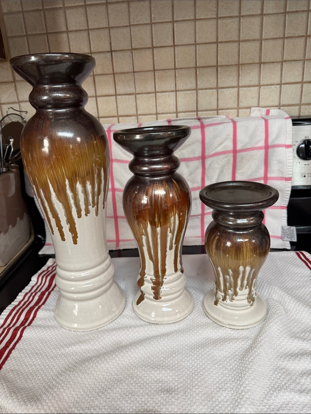 Trio Glazed Ceramic Drip-Effect Candle Holders - Brown & White Set